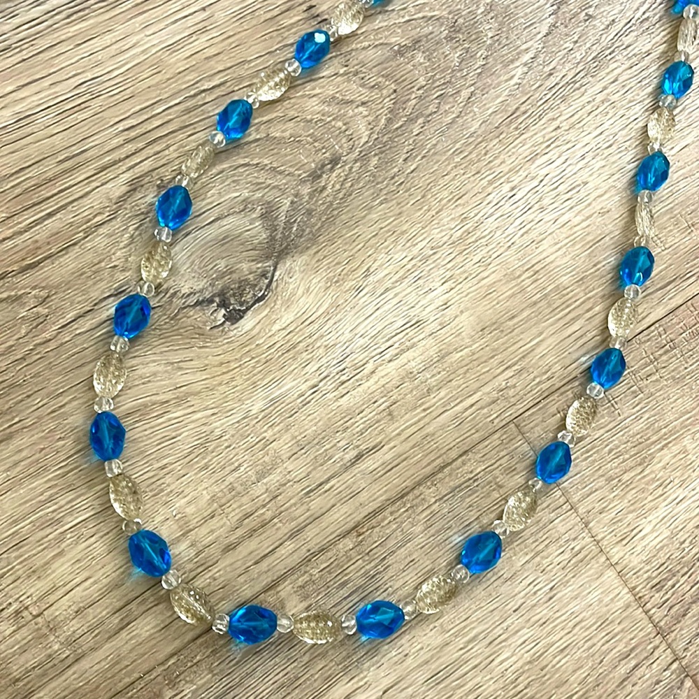 Vintage Glass Beaded Necklace Bright Blue & Clear Statement Necklace - Picture 3 of 5